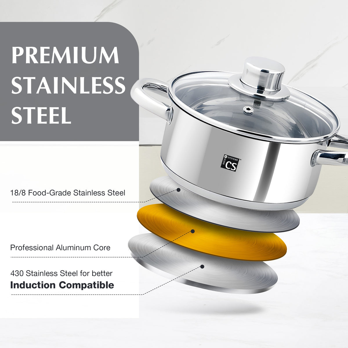 Belm 4pcs Stainless Steel Cookware Set