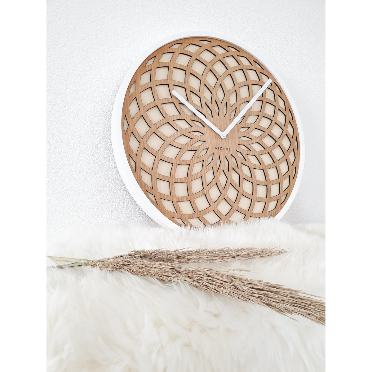 NeXtime - Wall clock – Ø 50 cm - Wood & Fabric - Beige - 'Sun Big'