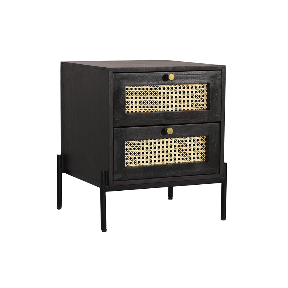 Rattan Black Mango Wood Bedside Table